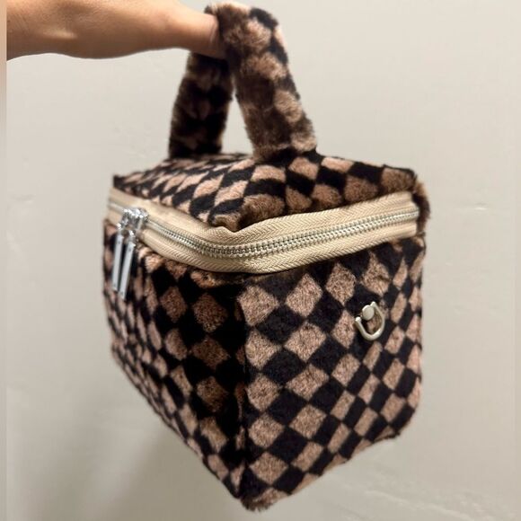 Checkerboard Real Shearling Leather Handmade Boxy Bag Set/Lamb Fur Crossbody Bag - Picture 8 of 16